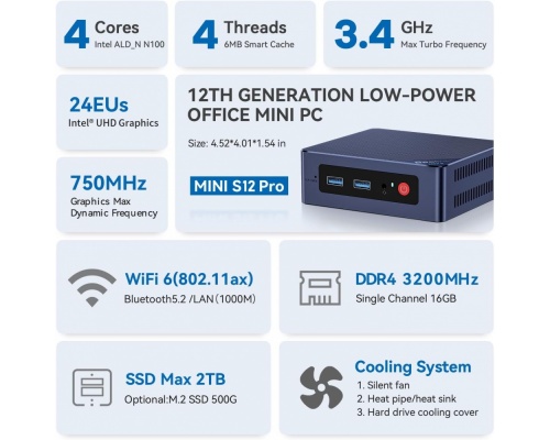 BEELINK mini PC MINI S12 Pro, Intel N100, 16B, 500GB SSD, Windows 11 Pro - MINIS12PRO-N100-16500