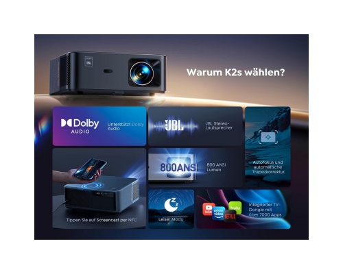 Yaber K2s Projector Full HD με Wi-Fi και Ενσωματωμένα Ηχεία Γκρι